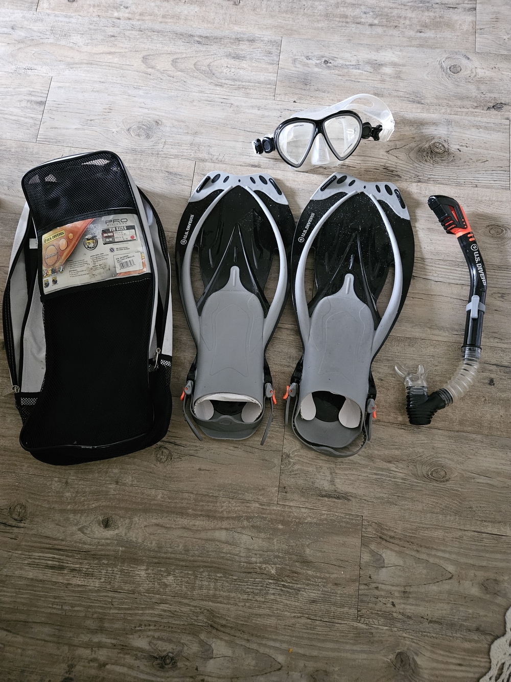 U.S. Divers Snorkel Set with Mask, Snorkel & Adjustable Fins - Black & Gray
